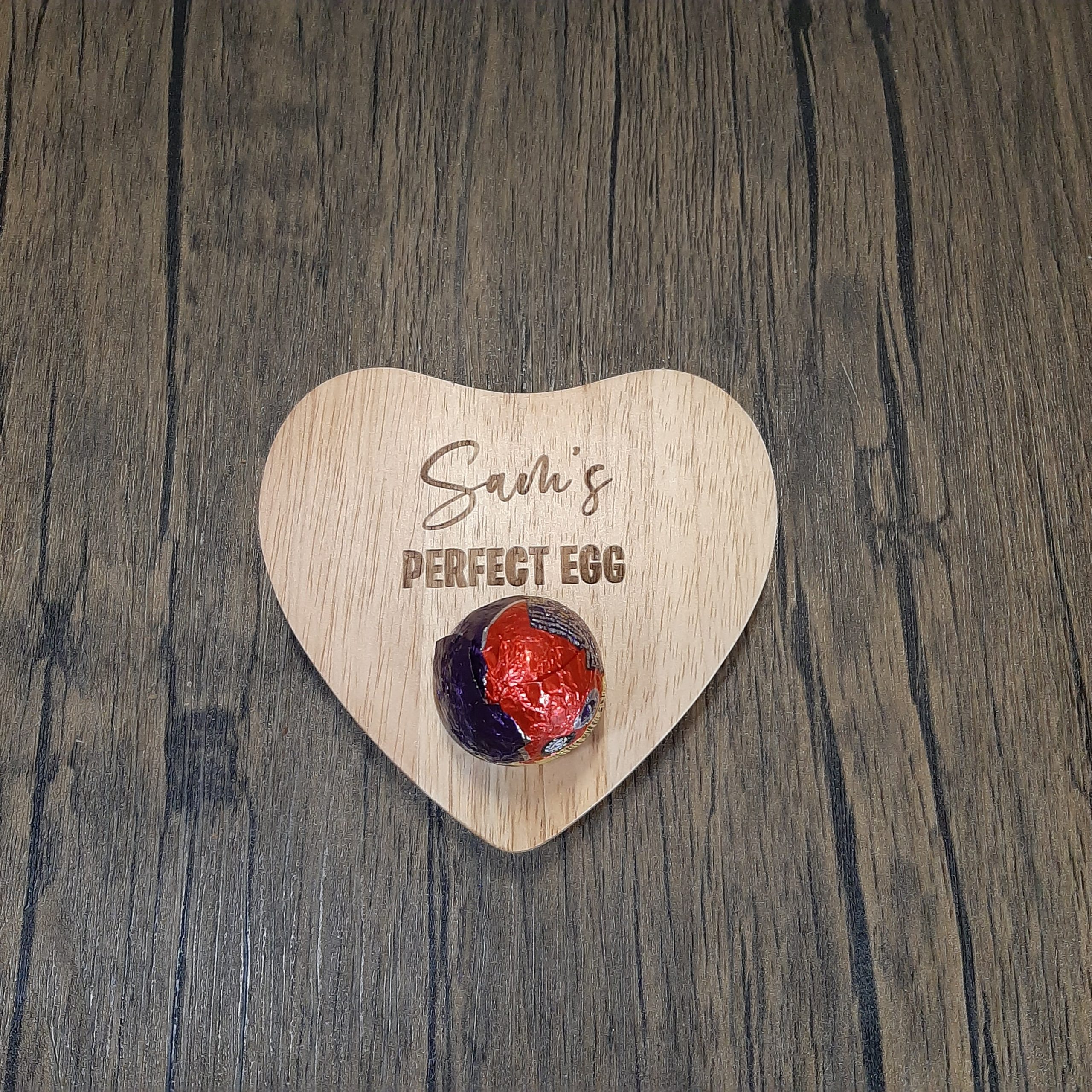 Wooden Heart Egg Board with creme egg and engraved personalisation