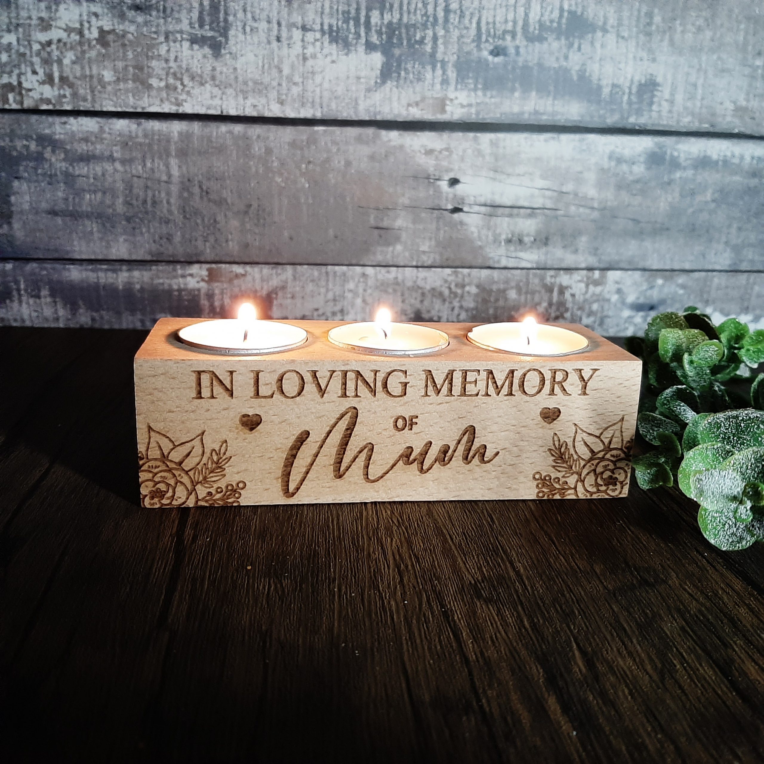Memorial Tealight Holder with in loving memory engraved with personalisation and candles