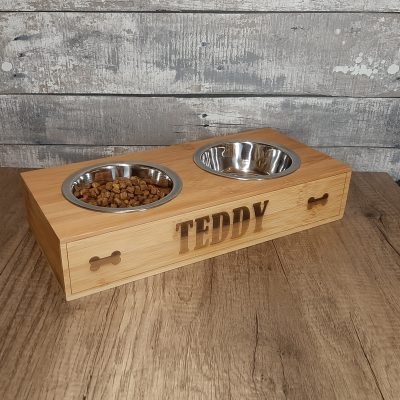 Wooden Pet Bowl Riser feeding stand for dogs with personalised name and bones design