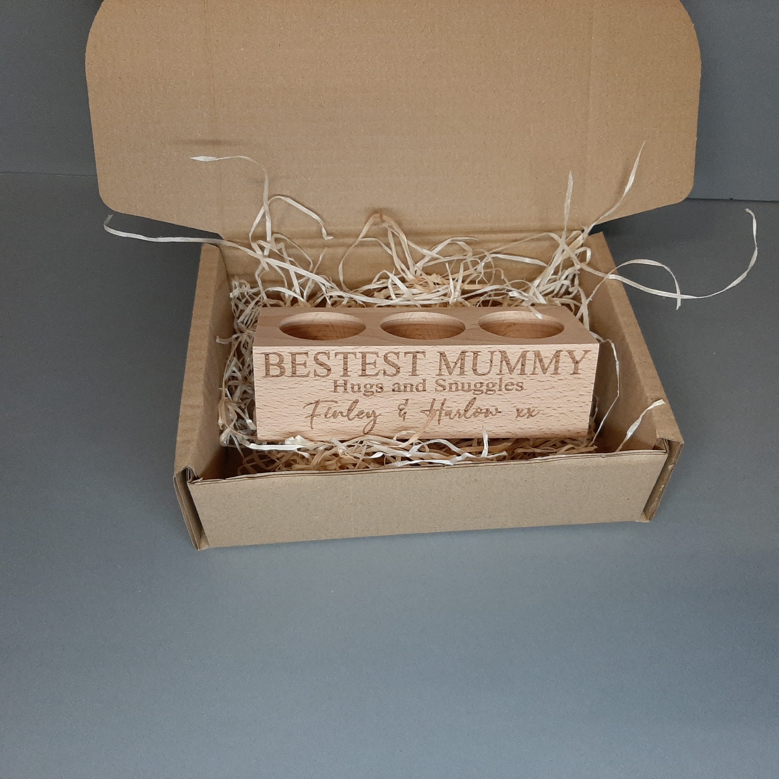 wooden tealight holder candle personalised in packaing box