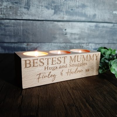 Wooden Tealight Holder with laser engraved personalisation with 3 candles