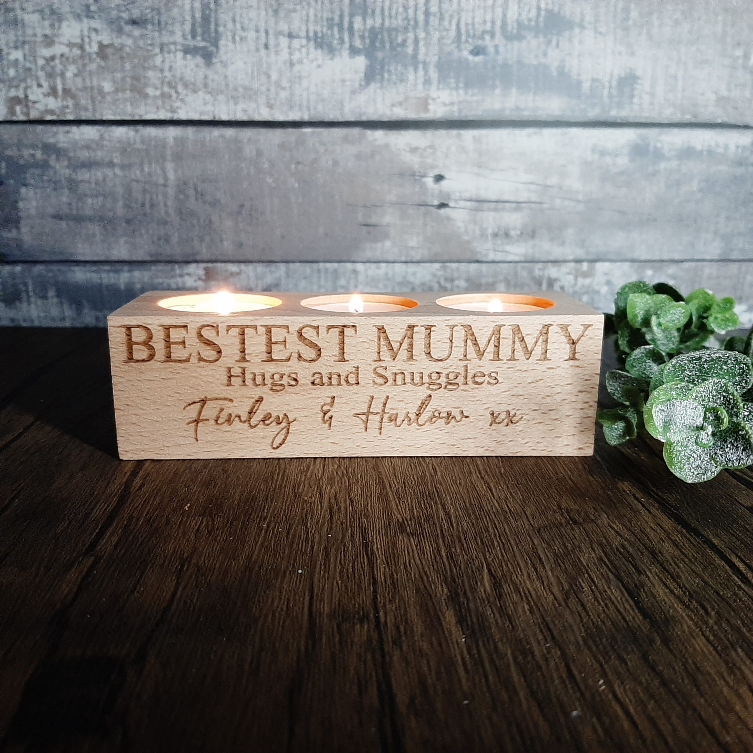 Wooden Tealight Holder with bestest mummy personalised with room for 3 candles