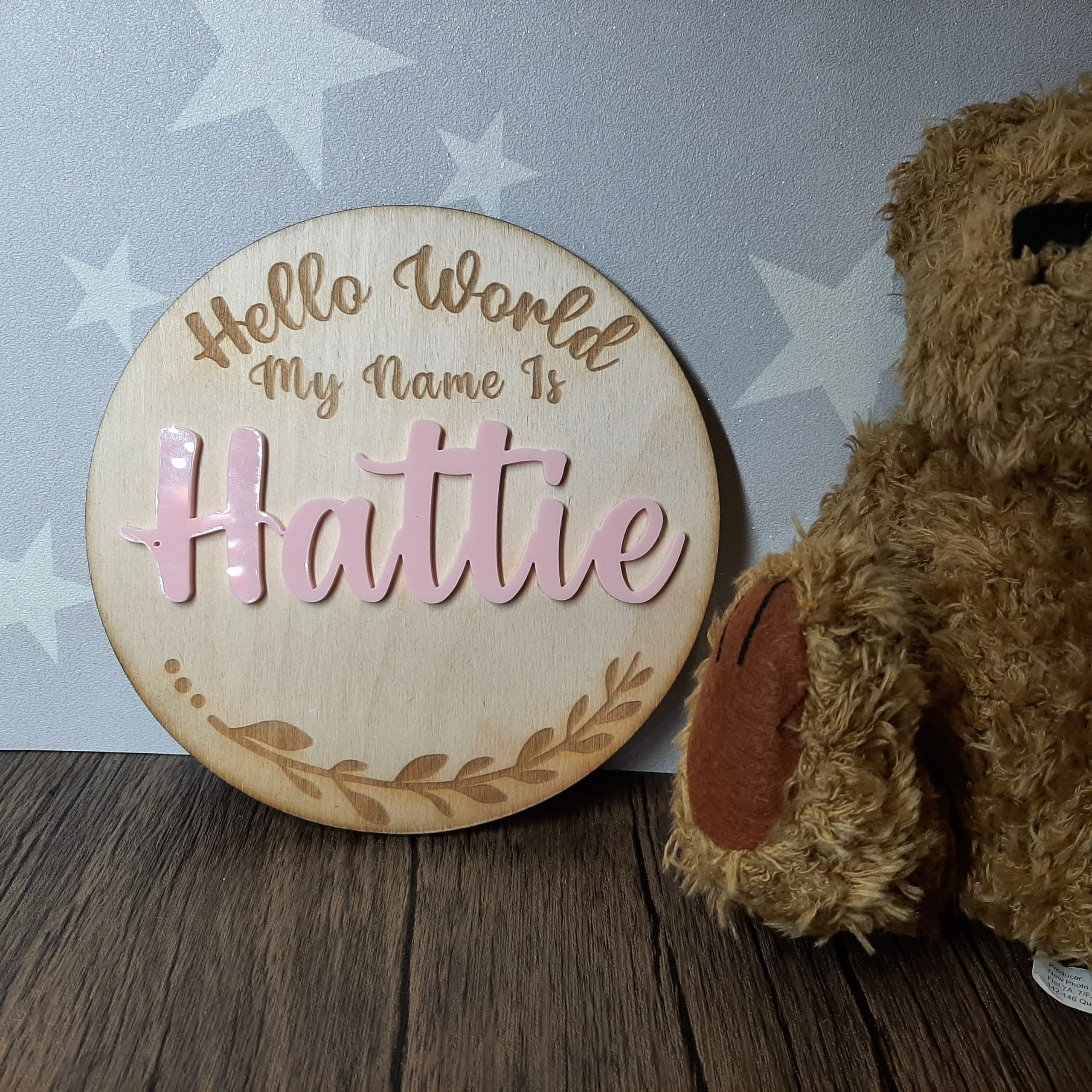 Welcome Baby Sign with hello world my name is engraved and has acrylic name in pink