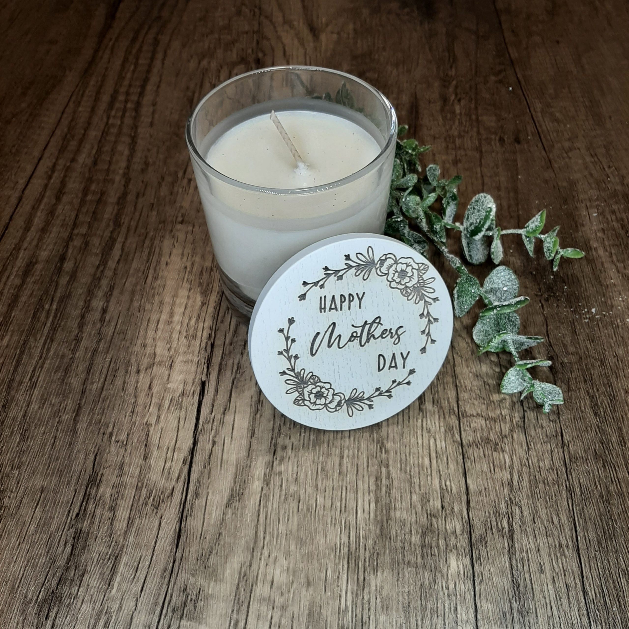 Glass Scented Personalised Candle, with lid off showing white scented wax, Personalised with engraved wreath for mother day