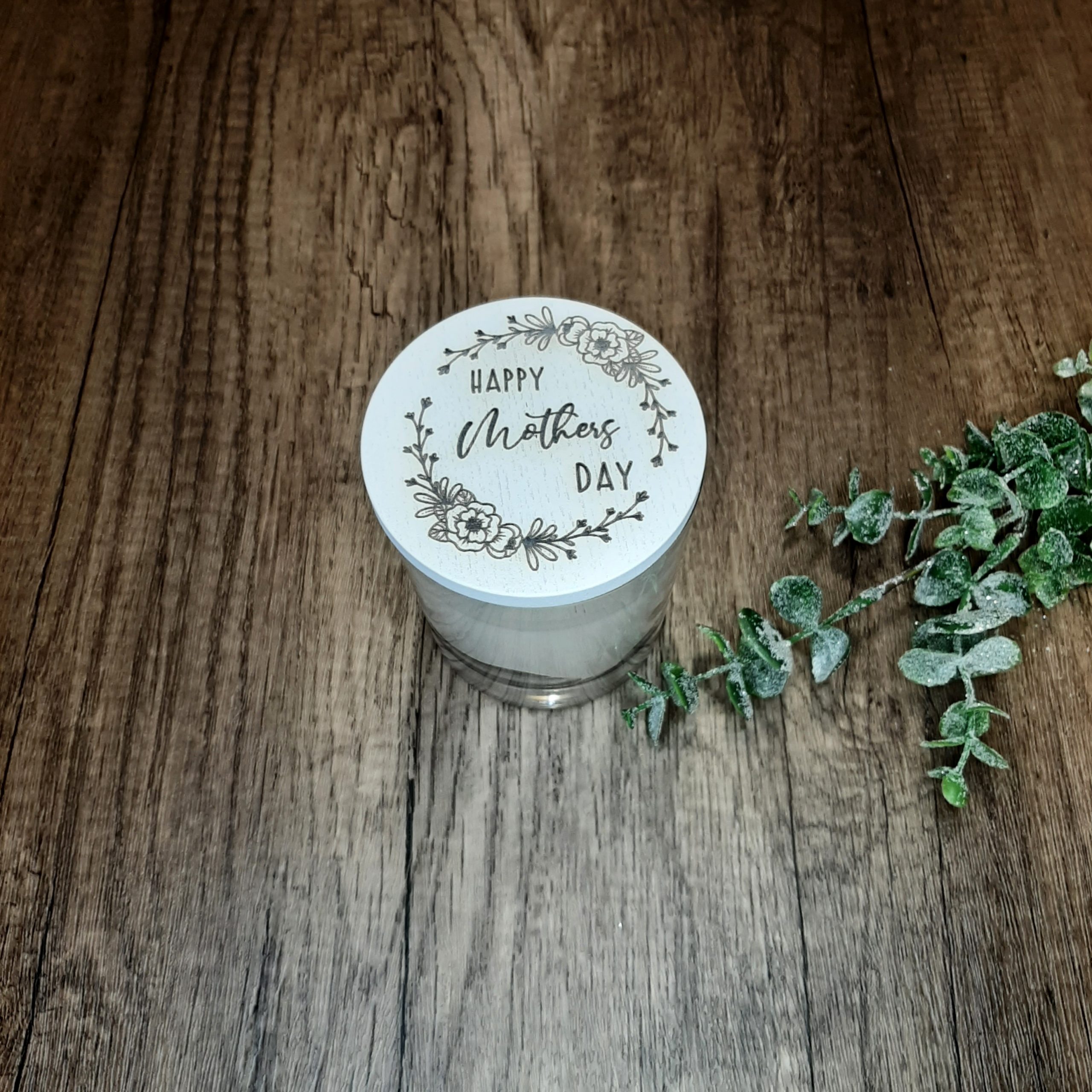 Glass Scented Personalised Candle, with white lid, Personalised with engraved wreath for mother day