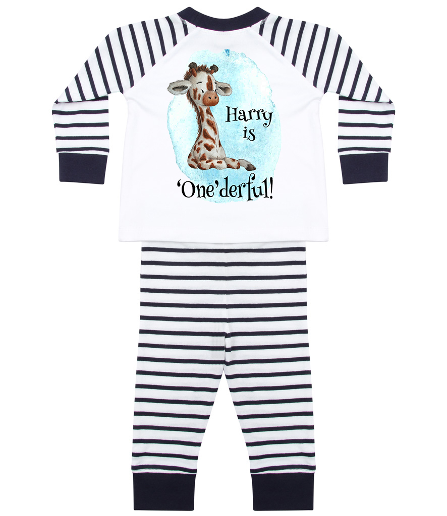 Printed Toddler Pjs in navy with giraffe onederful design