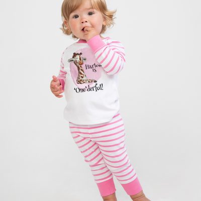 Printed Toddler Pjs in pink with giraffe and onederful design