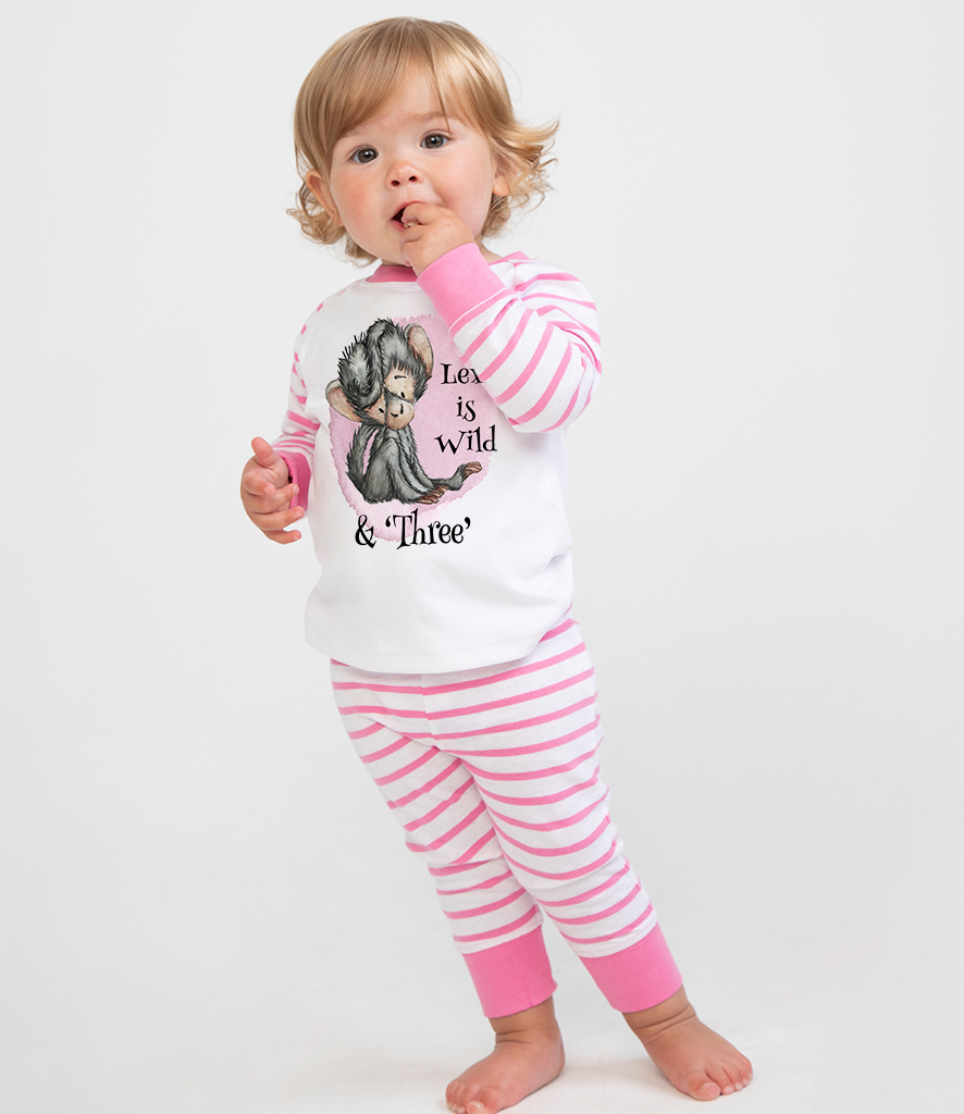 Printed Toddler Pjs in pink with monkey wild and three design