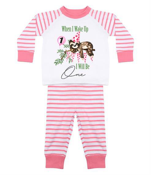 Printed Toddler Pjs in pink with birthday sloth theme when i wake up