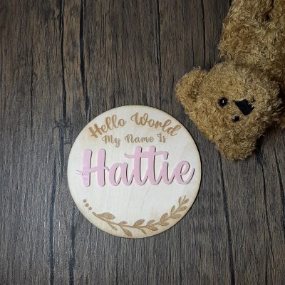 welcome baby sign in wood with hello world my name is engraved with 3mm pink acrylic name laid on the floor with teddy