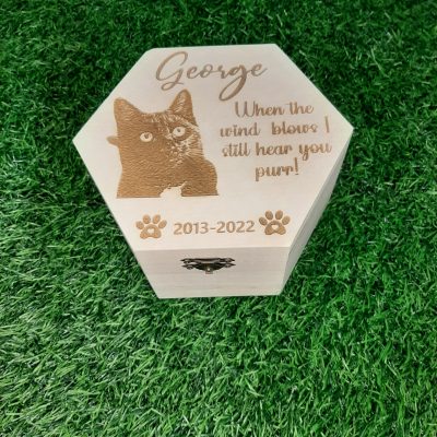 Pet memory box urn with photo cat engraved with name and quote for cat, laid on grass showing clasp