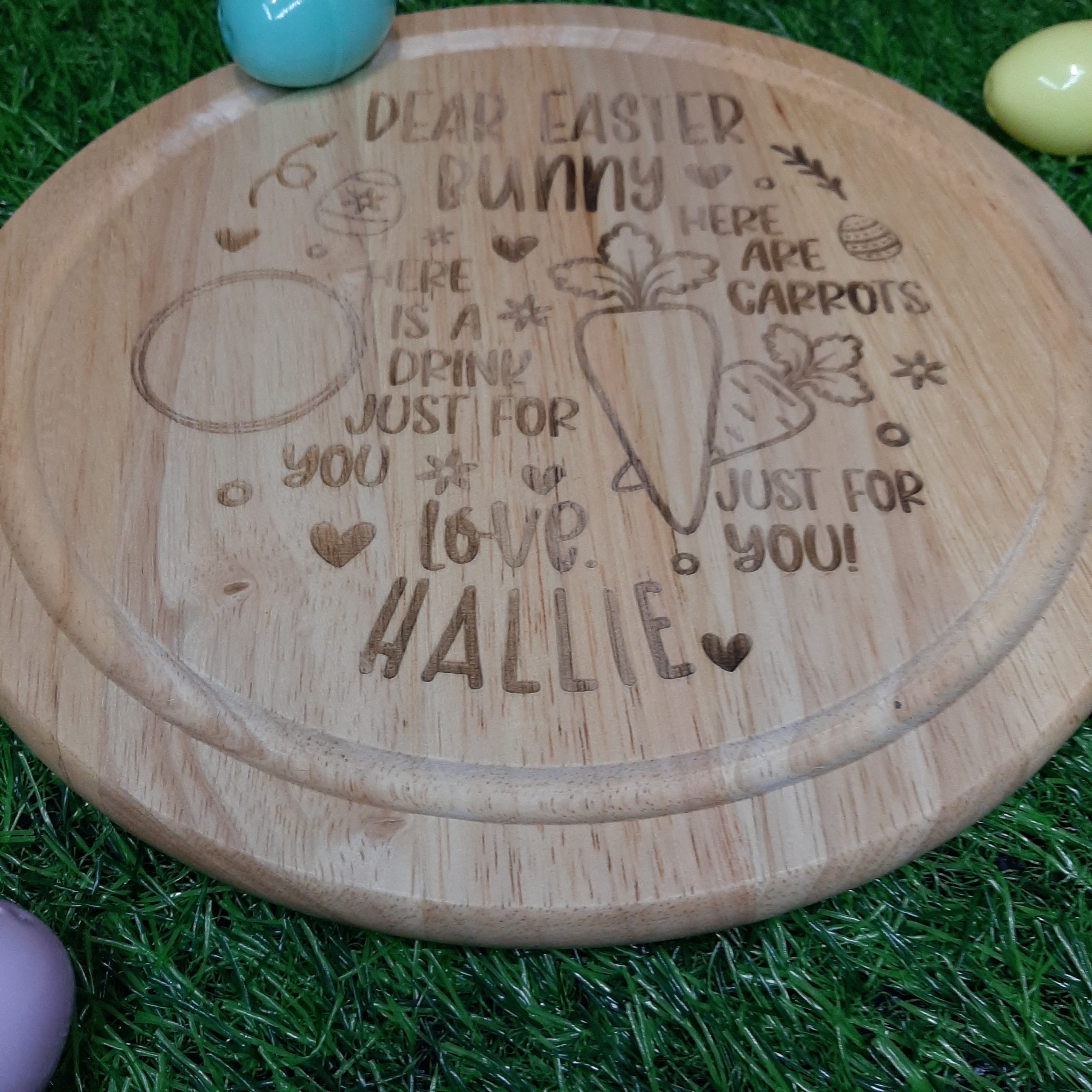 easter bunny treat board with place for carrot and drink personalised