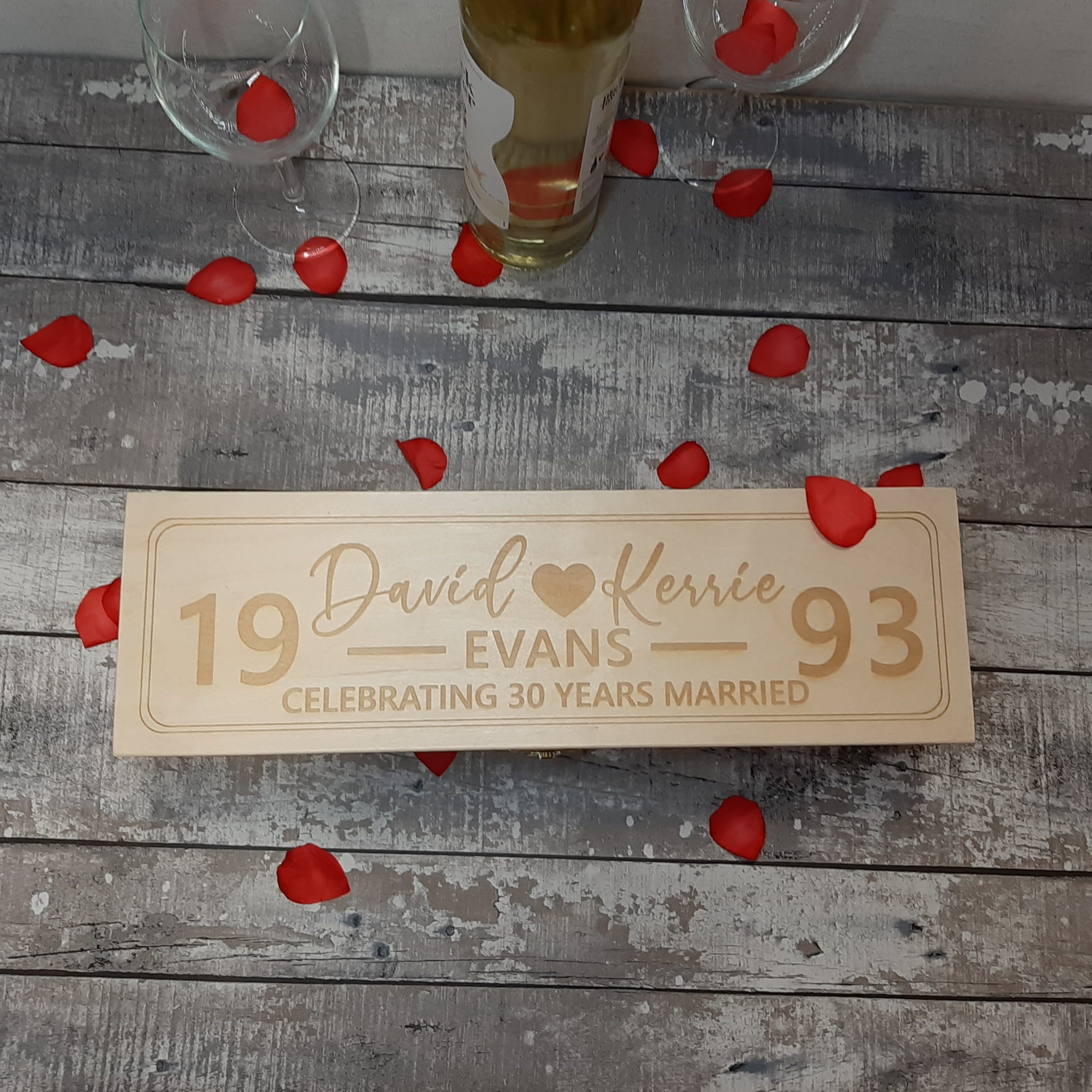 Wooden Wine Gift Box with engraved personalised name and date for wedding anniversary