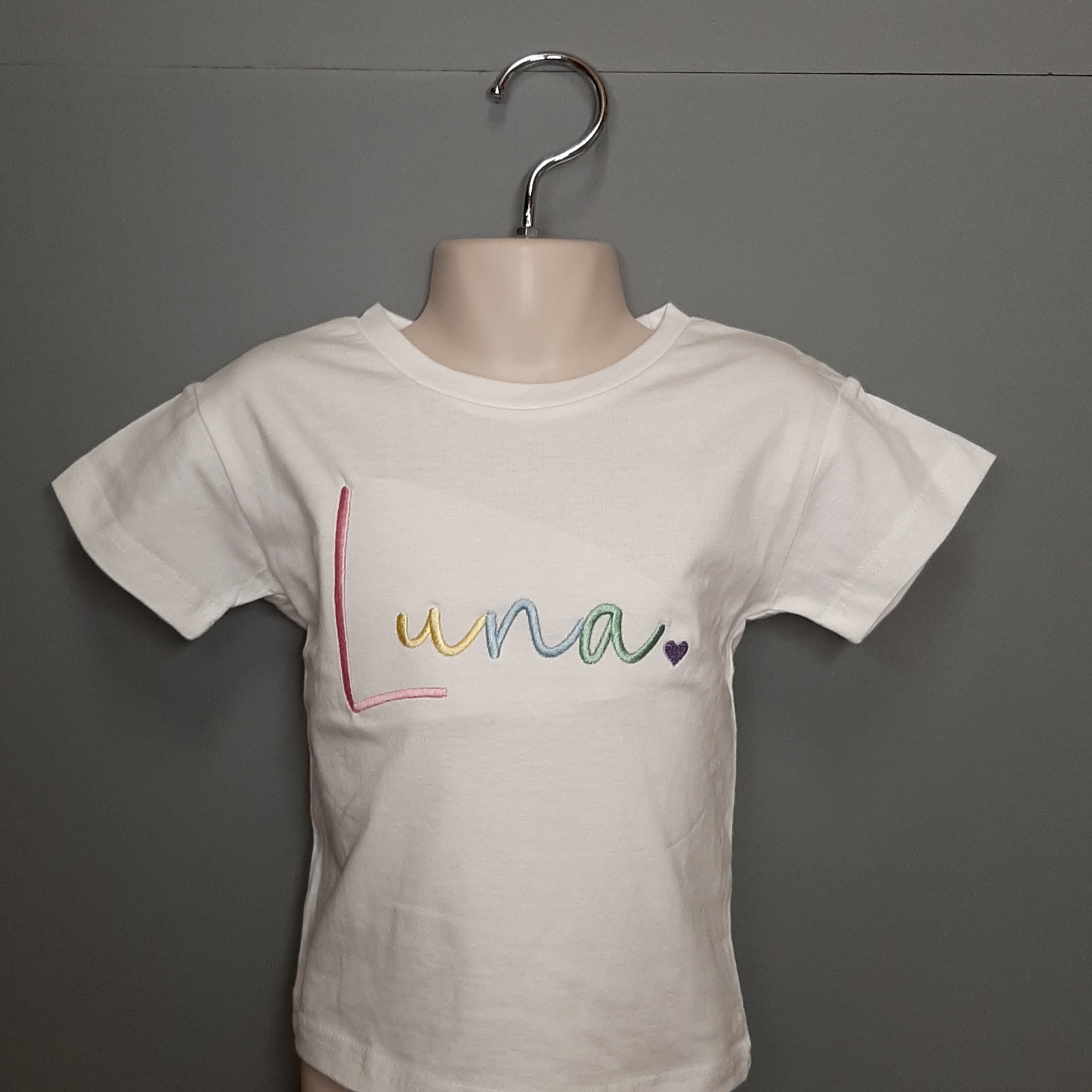 White t shirt with font 1 in pastel rainbow embroidery Rainbow Name Children's T Shirt/Jumper