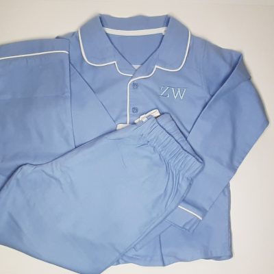blue classic children's pjs front with embroidered initials