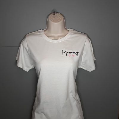 Mummy / Nanny T shirt, white mummy t shirt with embroidered with 2 pink hearts