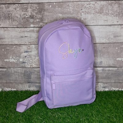 Lavender backpack with rainbow name embroidered in pastel colours, suit day bag, nappy bag, school bag