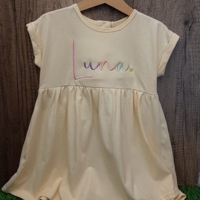 lemon cotton summer dress with rainbow font