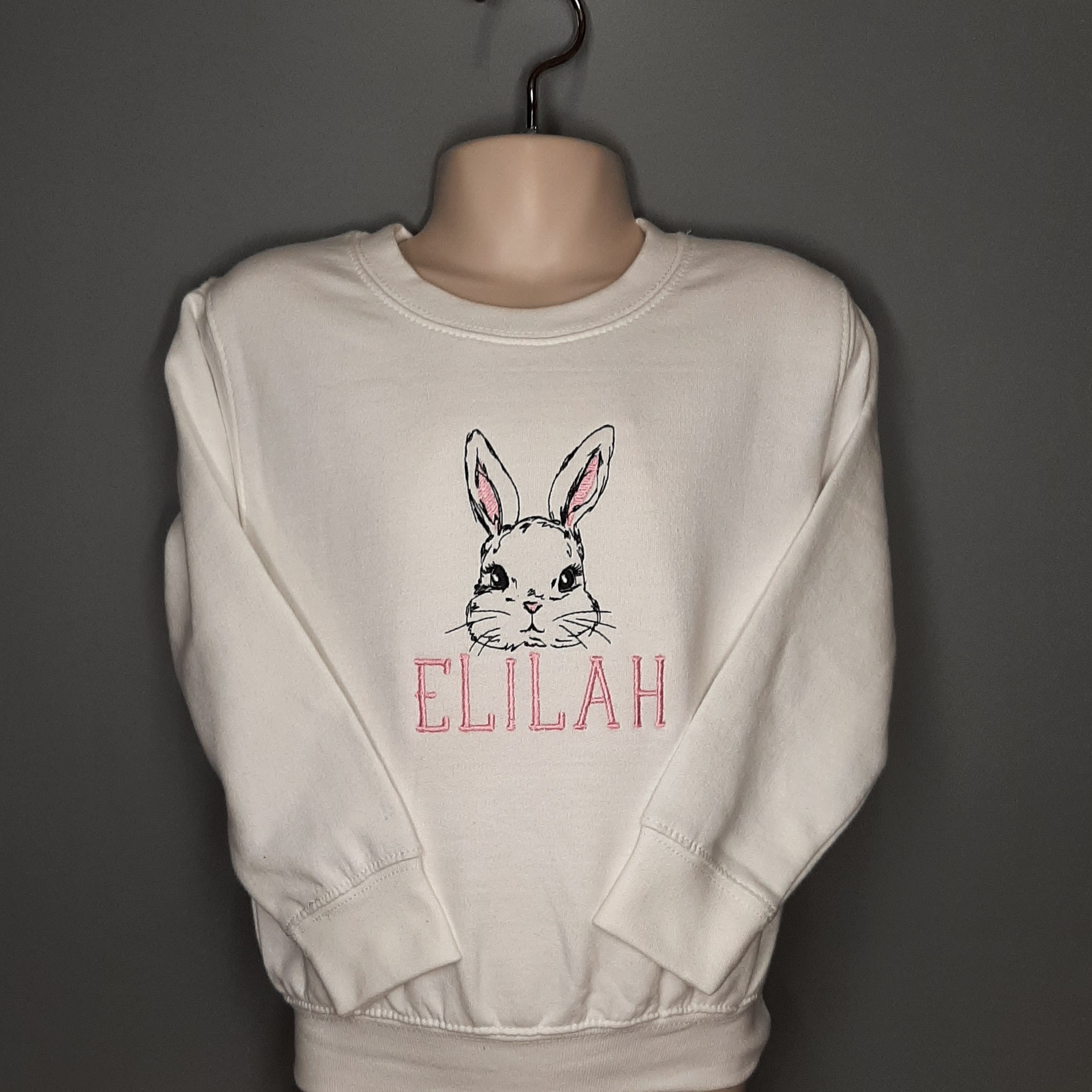 Bunny Rabbit T-shirt/Jumper, large sketched bunny with pink ears and names embroidered, great easter gift