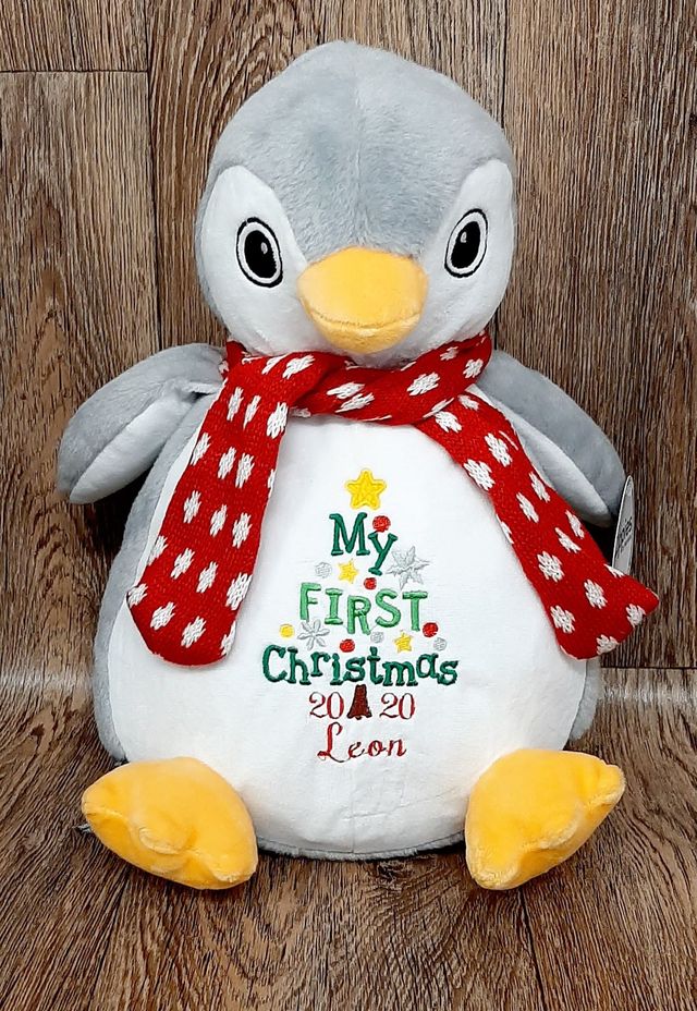 Embroidered Soft Cuddly Penguin with christmas design my first christmas embroidered personalisation