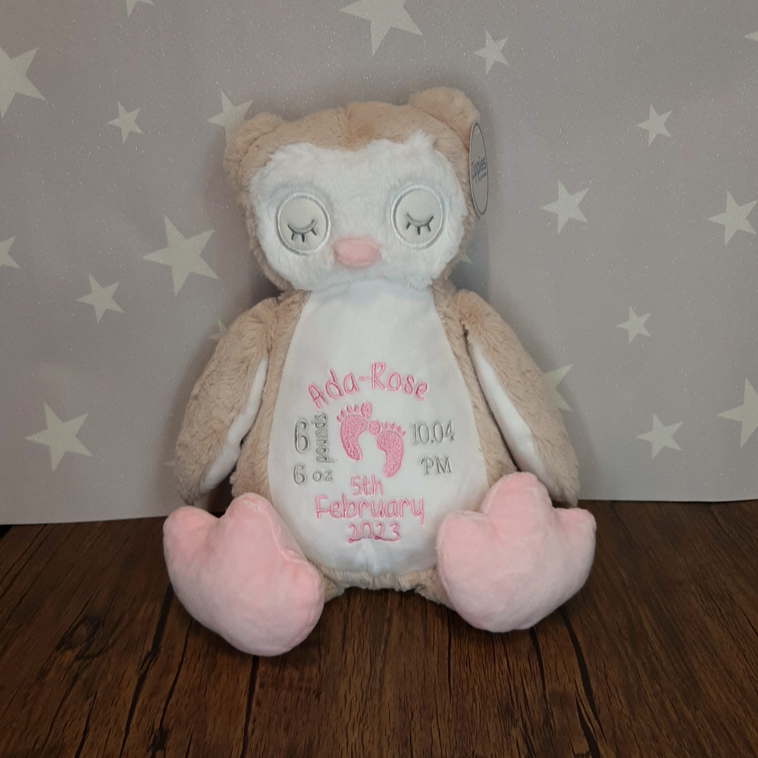 Embroidered Soft Cuddly Owl with baby pink and silver personalised baby announcement design
