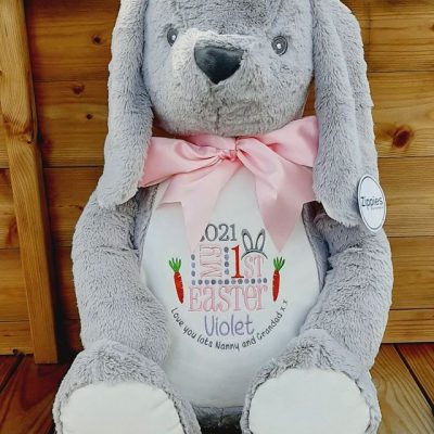 Embroidered Soft Cuddly Bunnies giant grey bunny with easter design personalisation