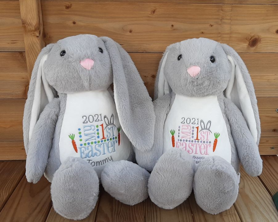 Embroidered Soft Cuddly Bunnies with my first easter design in pink and blue colour themes