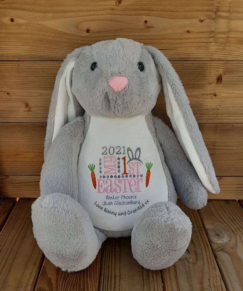 Embroidered Soft Cuddly Bunnies grey bunny with my first easter embroidered design