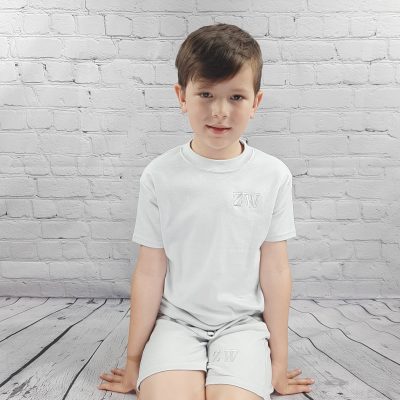 shorts and t shirt Children's cotton shorts with embroidered personalisation initials in matching colour thread modelled with matching t shirt to make a set