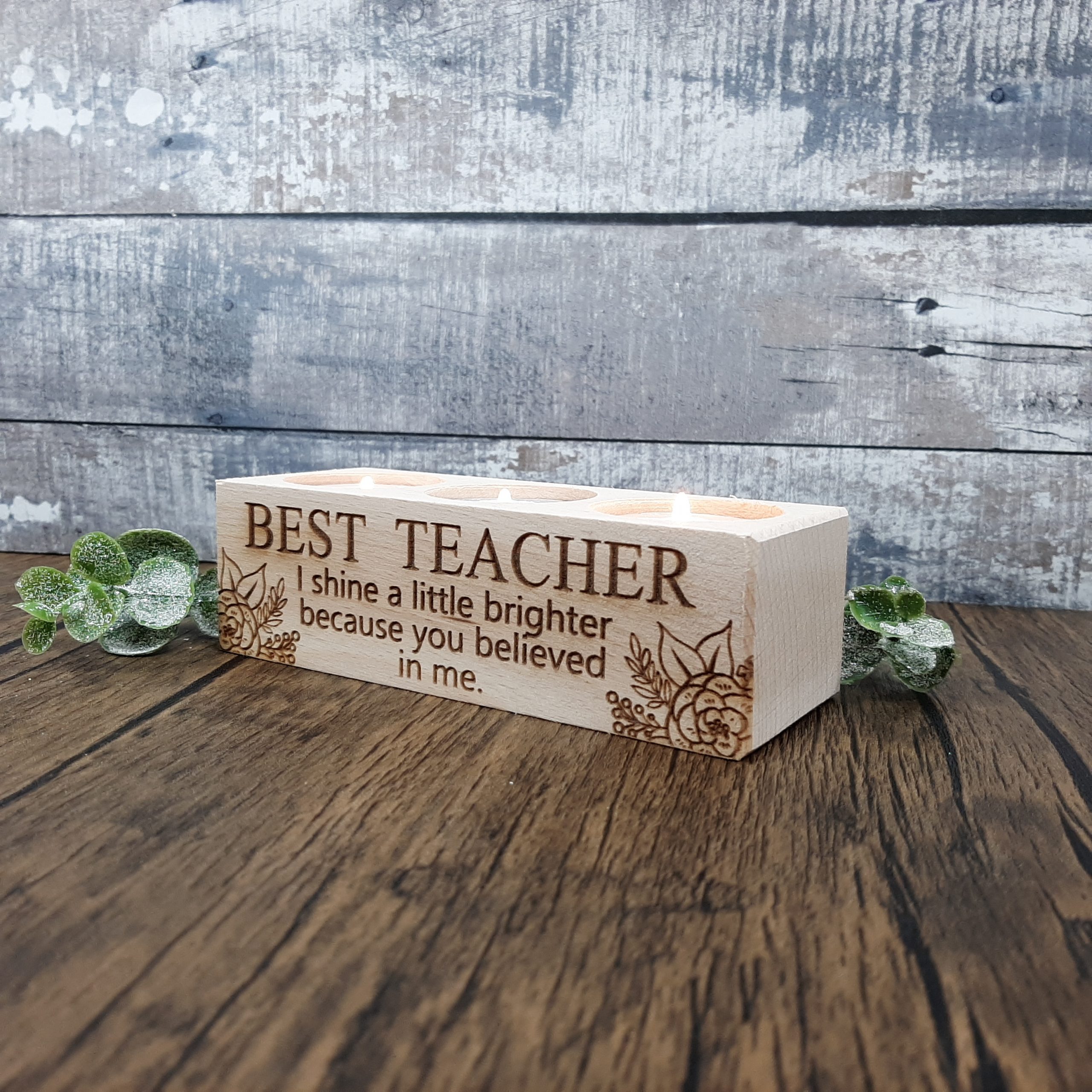 wooden teacher tealight holder with 3 tealights with engraved personalisation