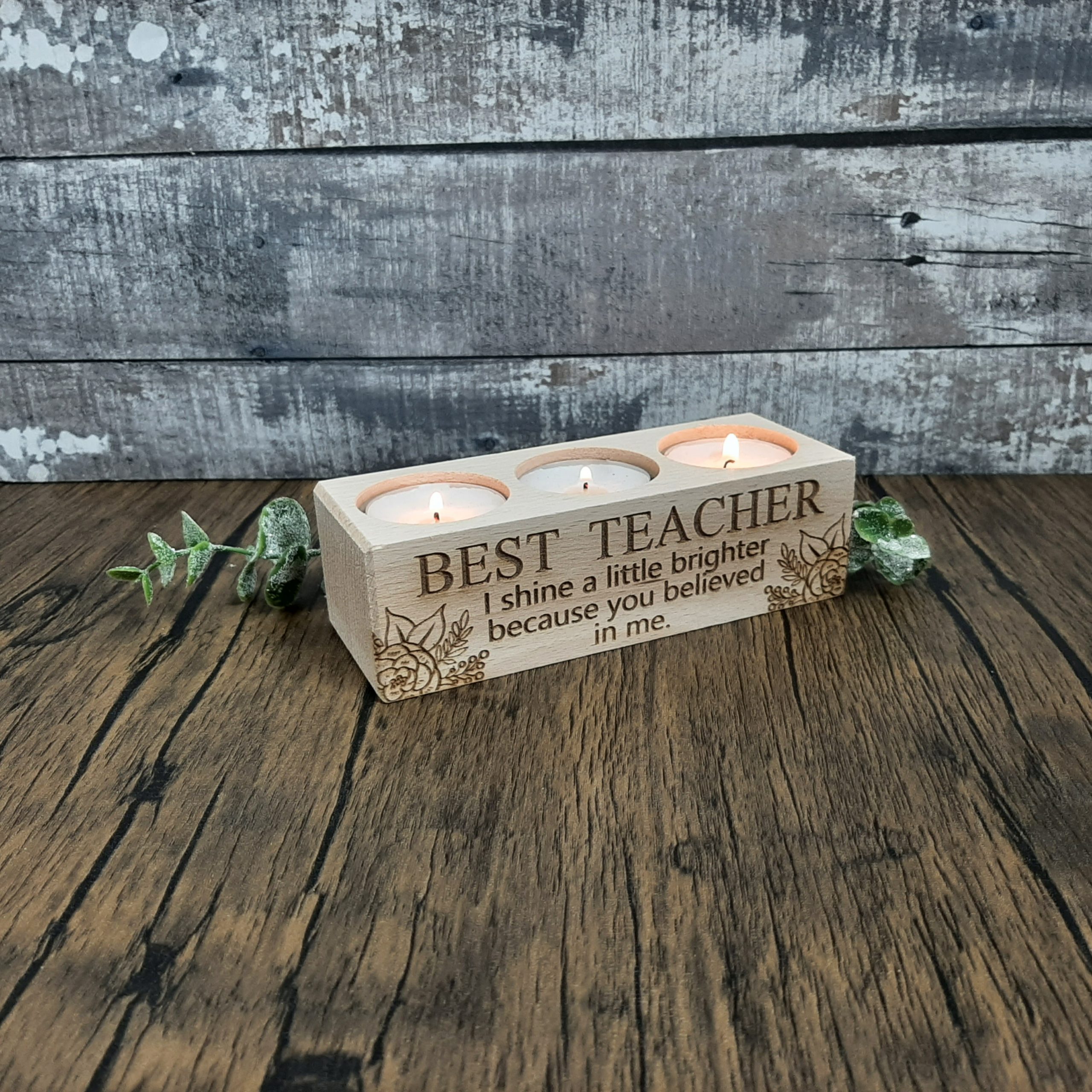 wooden teacher tealight holder with 3 tealights with engraved personalisation