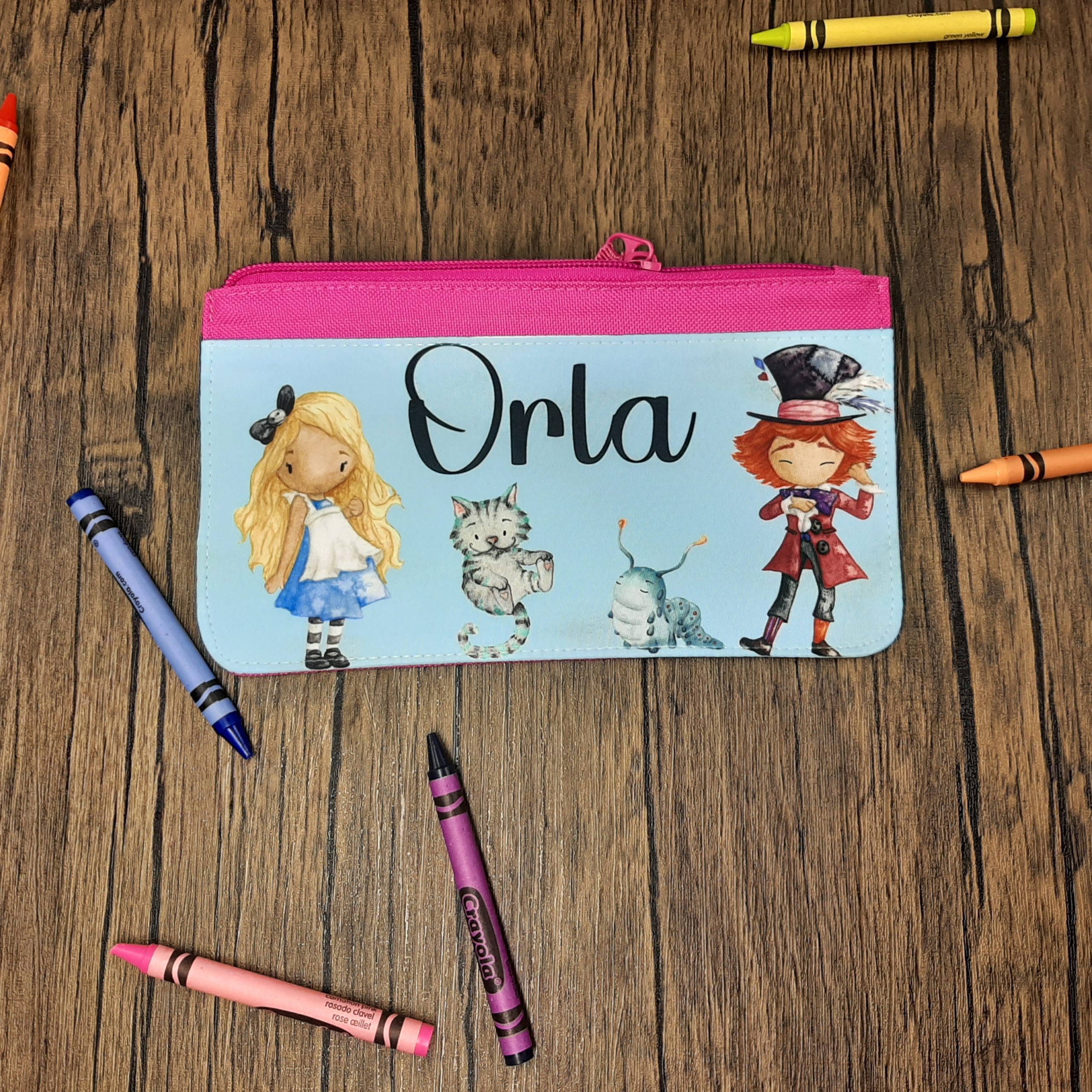 Printed Fabric Pencil Case personalised with name and alice in wonderland in pink