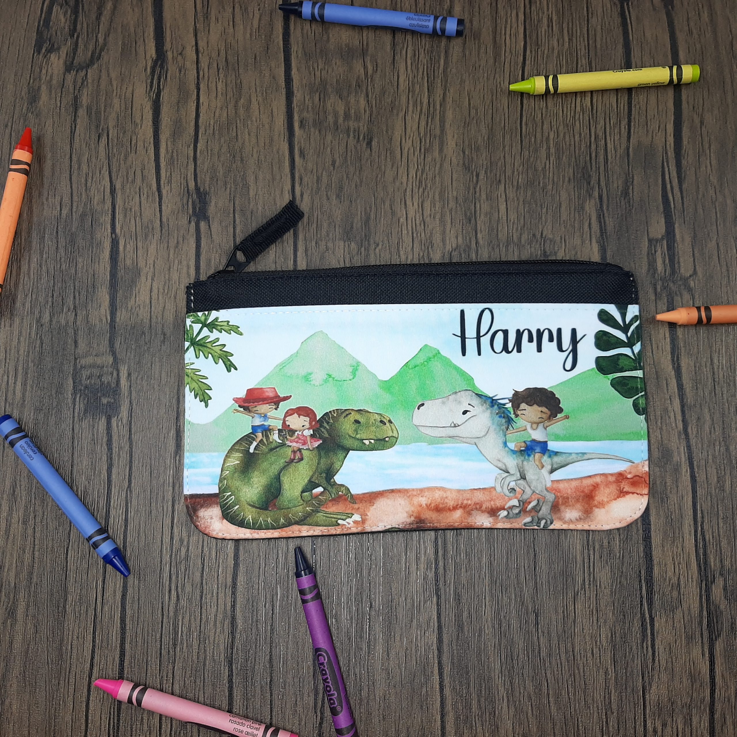 Printed Fabric Pencil Case personalised with name and dinosaurs in blue