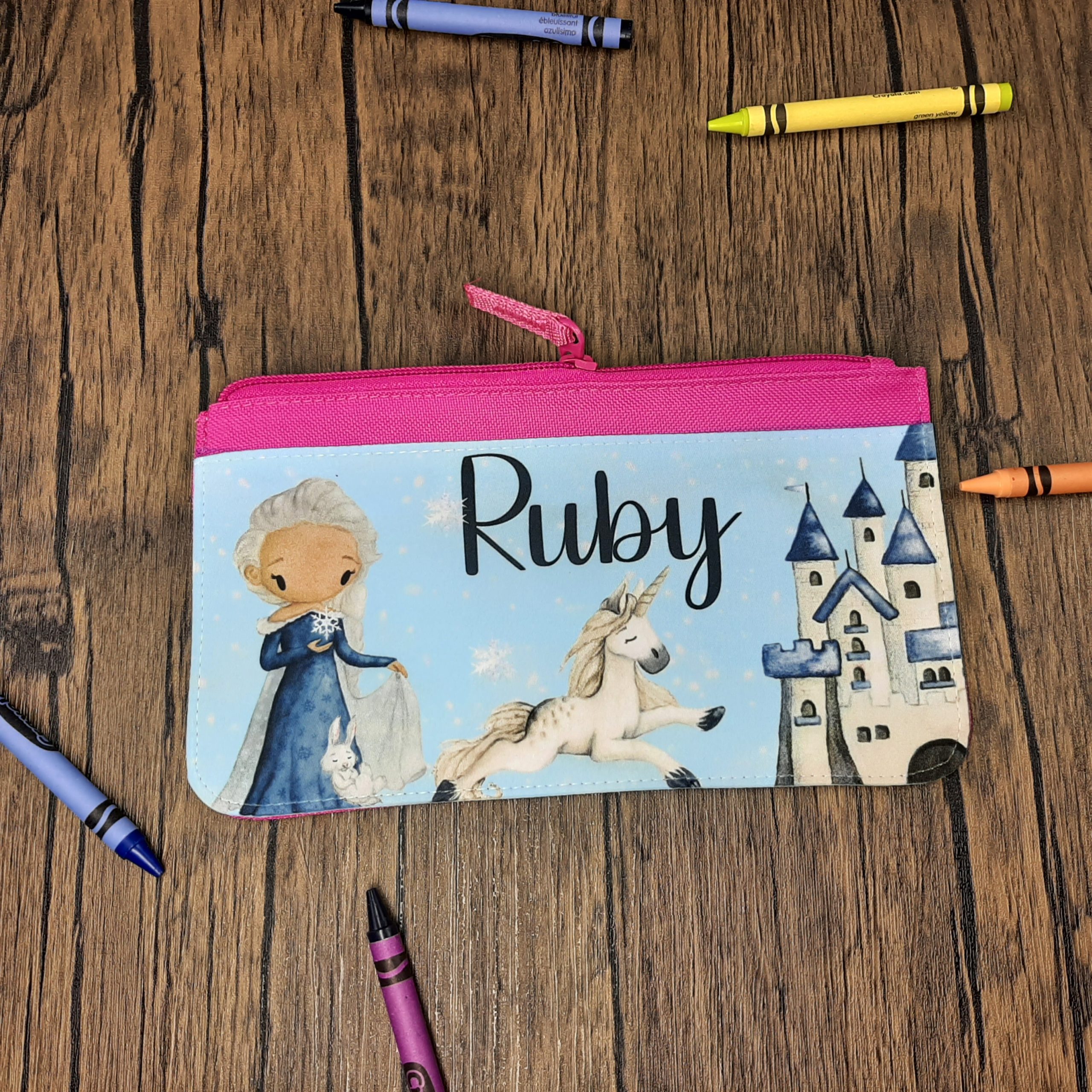 Printed Fabric Pencil Case personalised with name and frozen elsa disney ice queen and unicorn design in pink