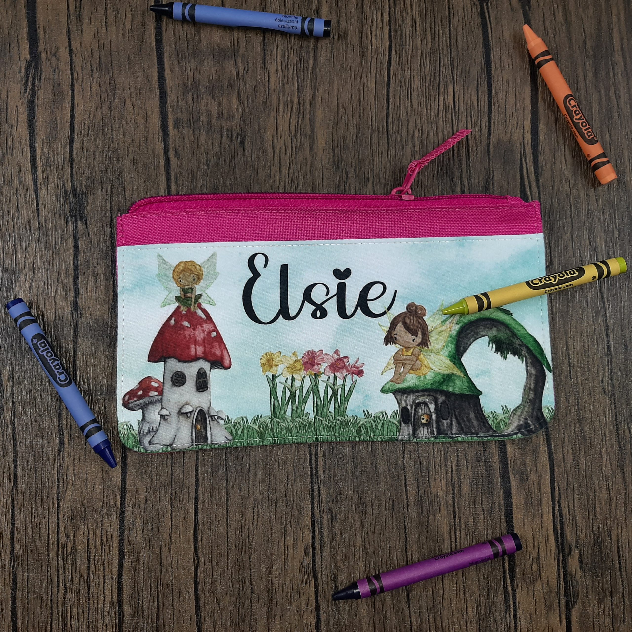 Printed Fabric Pencil Case personalised with name and garden fairies in pink