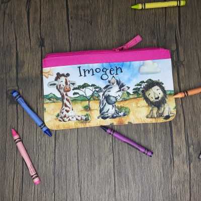 Printed Fabric Pencil Case personalised with name and lion giraffe zebra safari design in pink