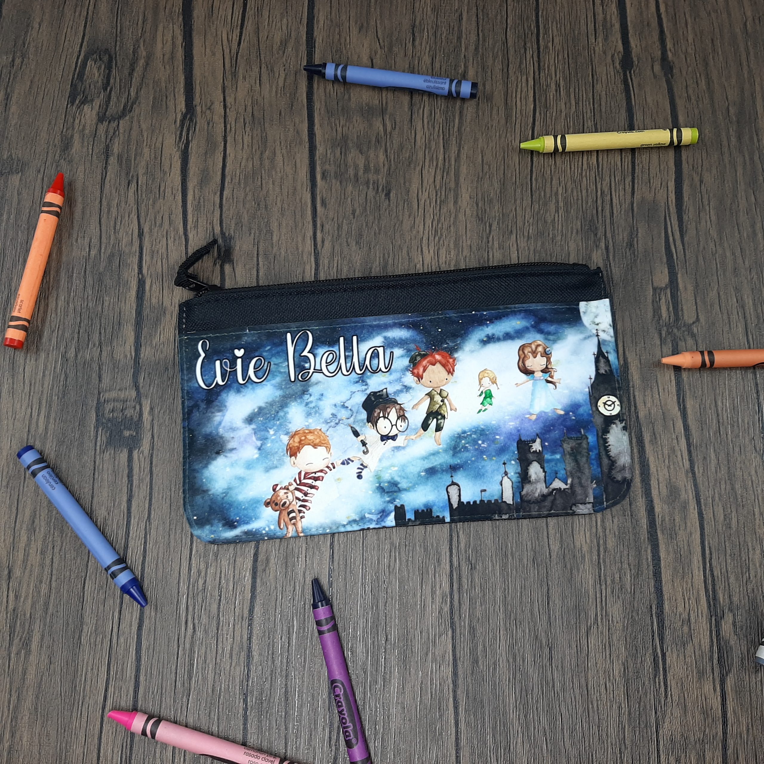 Printed Fabric Pencil Case personalised with name and disney peter pan and tinkerbel in black