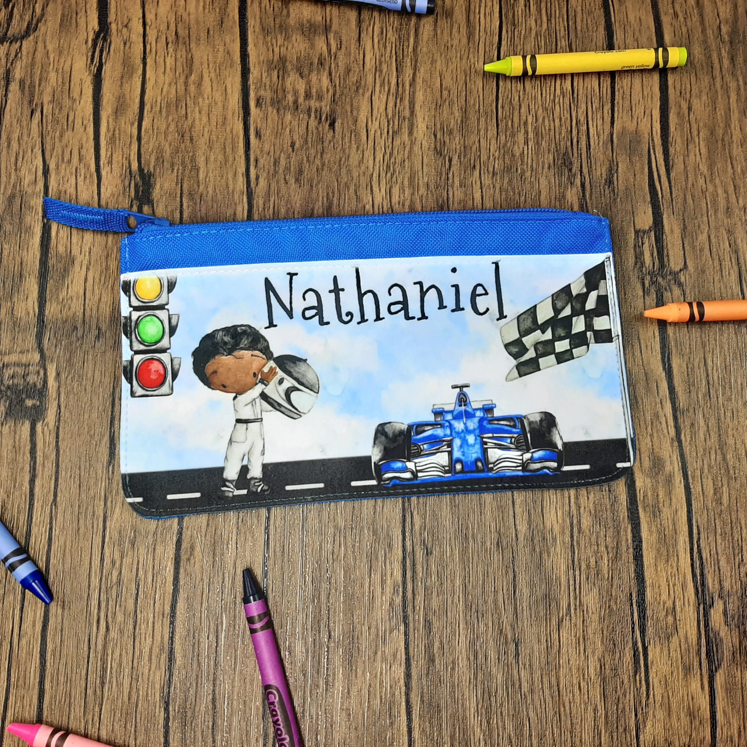 Printed Fabric Pencil Case personalised with name and racing cars in blue