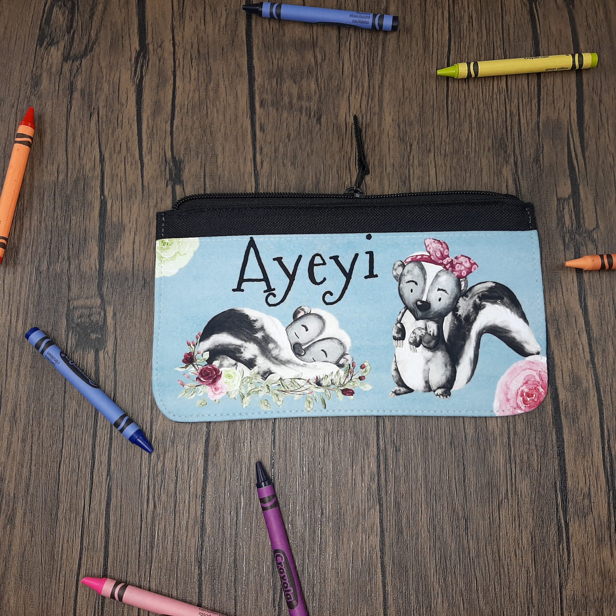 Printed Fabric Pencil Case personalised with name and skunks and flowers floral in black