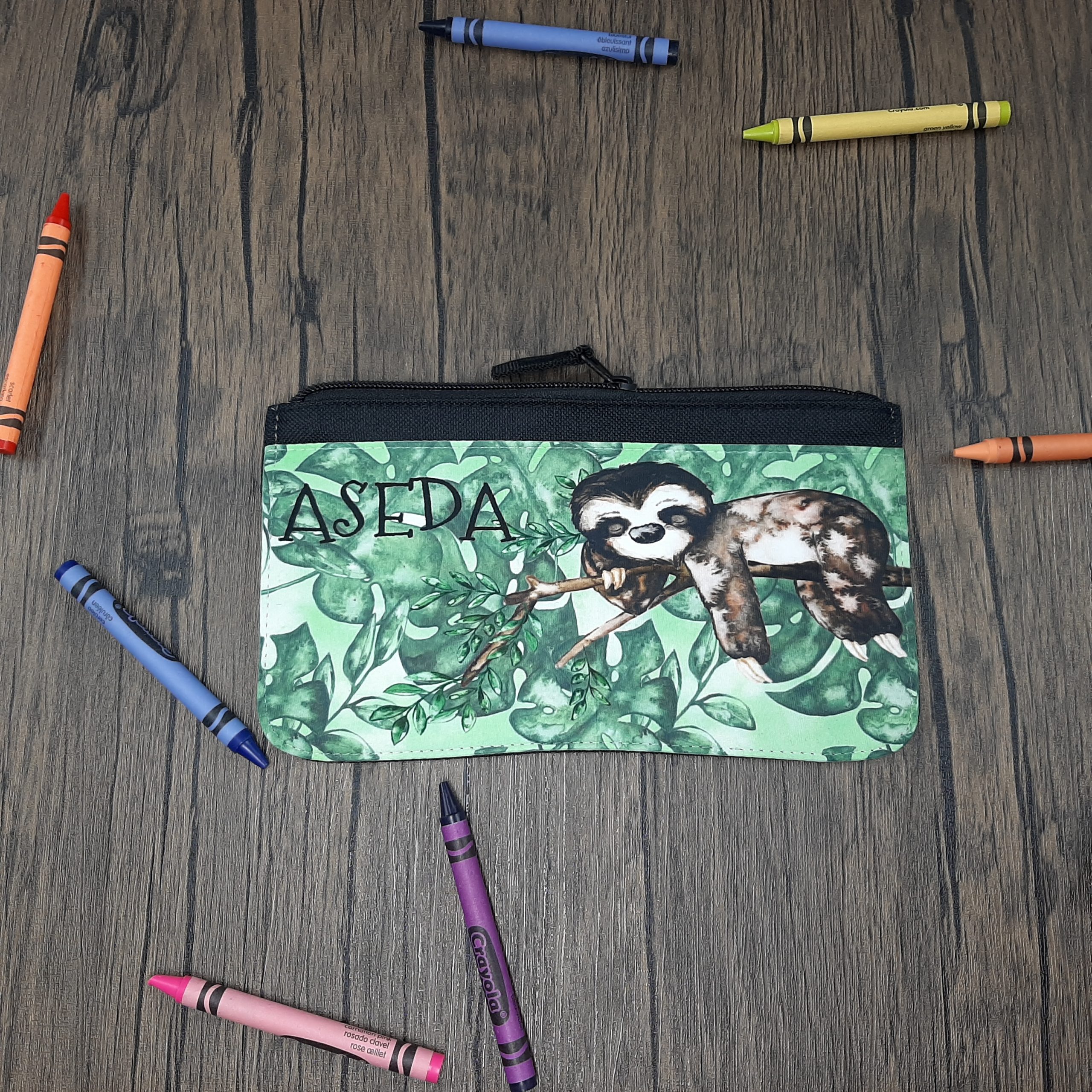Printed Fabric Pencil Case personalised with name and sloths in black