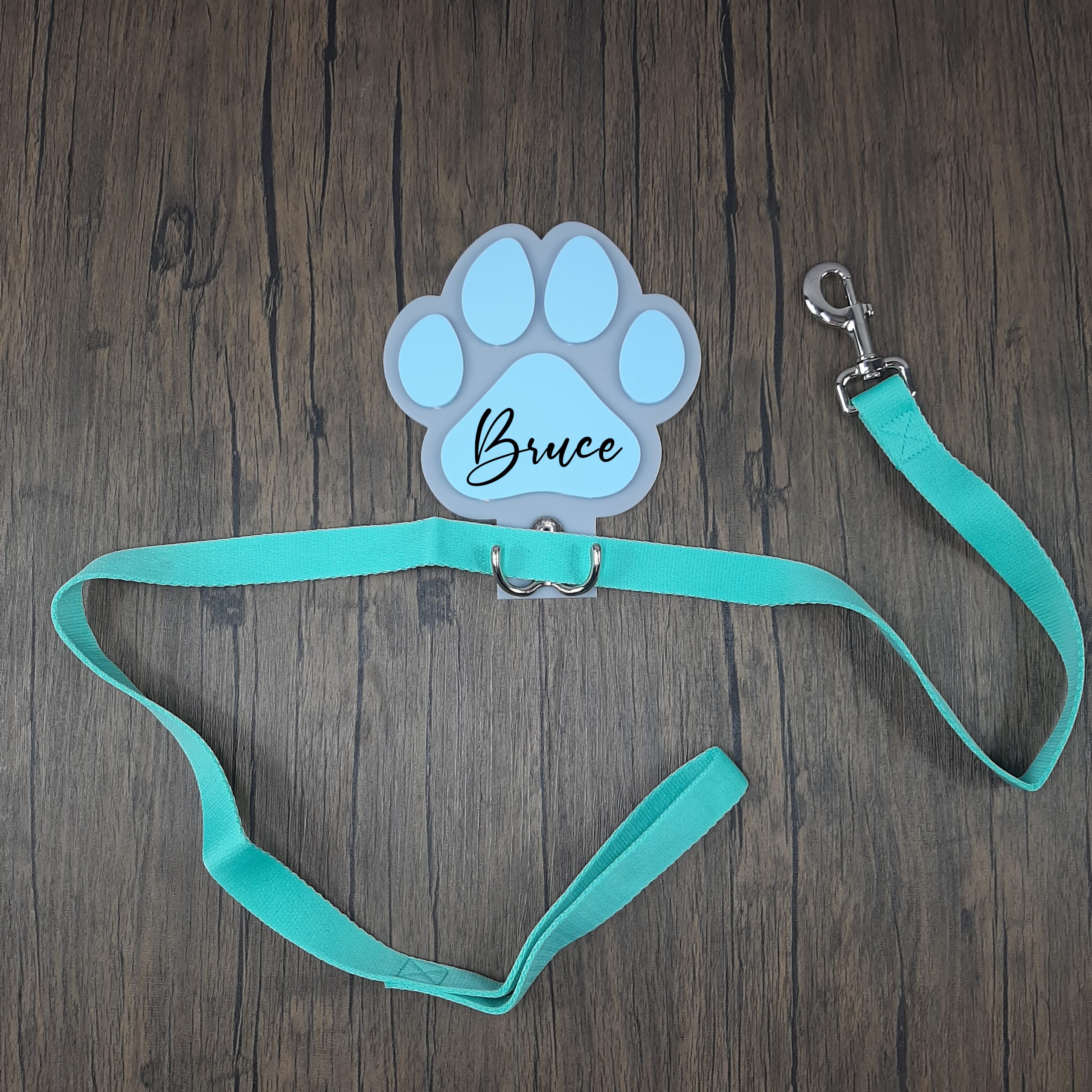 Dog lead hanger in blue and grey with name personalised on for any dog lover