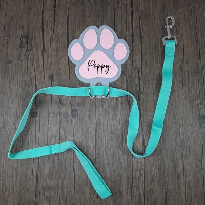 Dog lead hanger in pink and grey with name personalised on for any dog lover