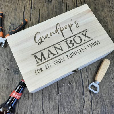 wooden man box for all those bits and bobs, engraved personalisation. Ideal father day birthday and christmas gift