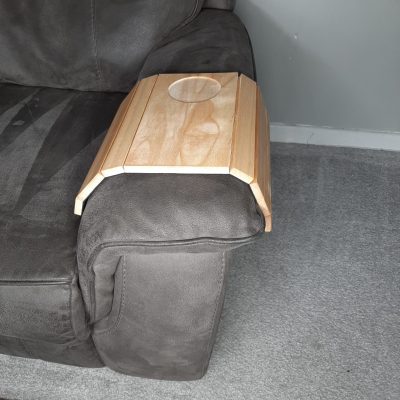 Wooden sofa arm tray with recess - Blank with cup recess side view to see shapes to sofa