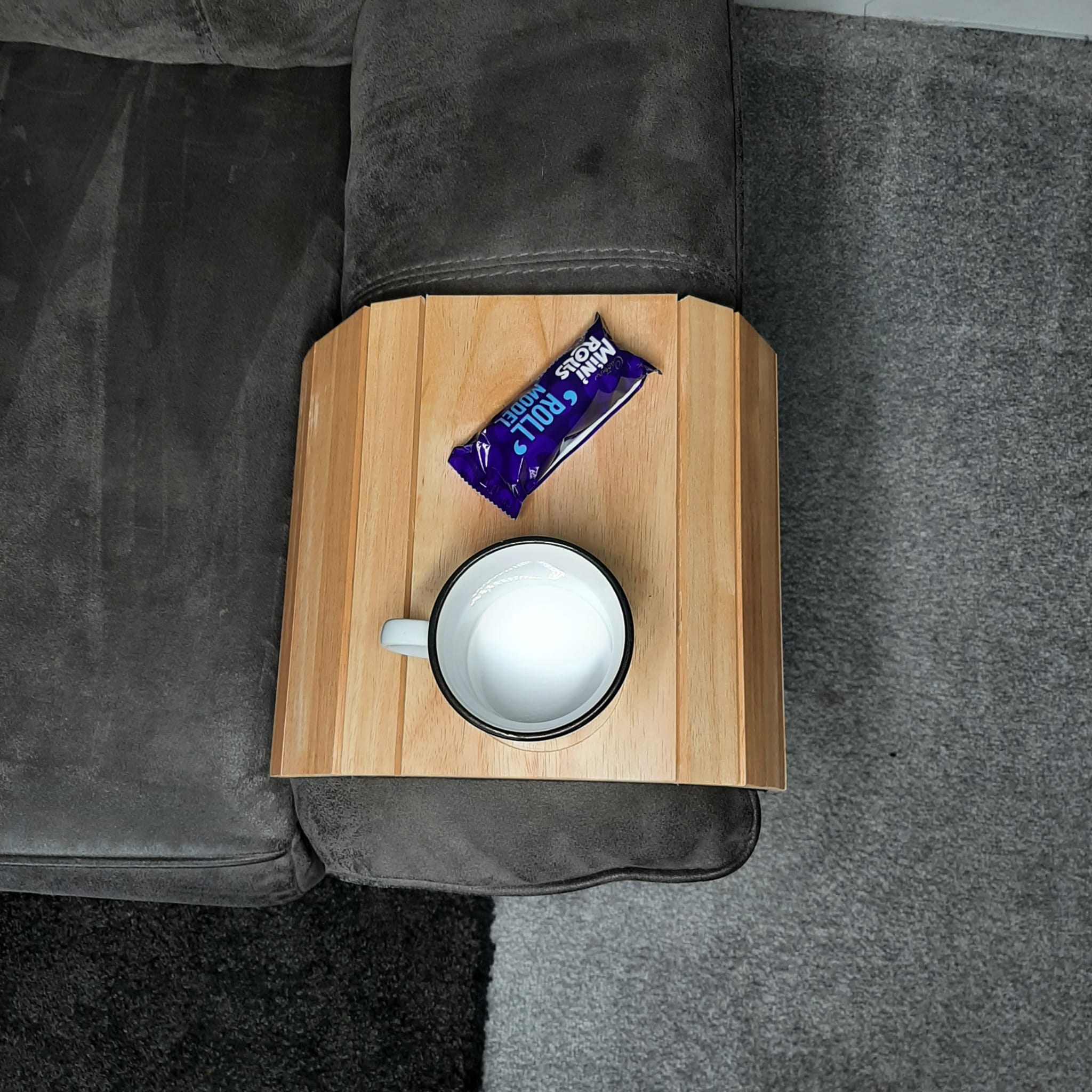 Wooden sofa arm tray with recess Blank with cup and chocolate to show use