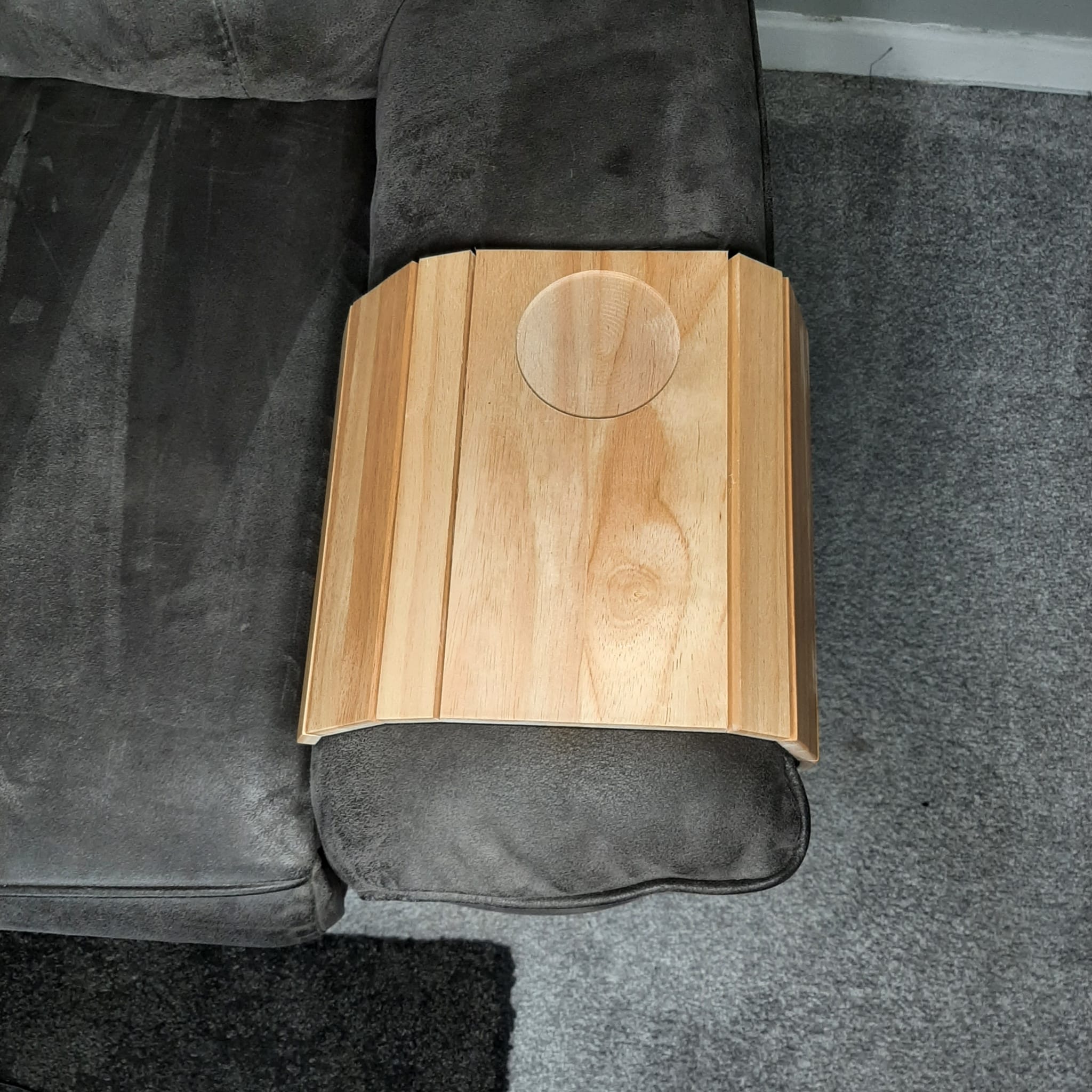 wooden sofa arm tray - blank view from above showing area to personalise and drink recess