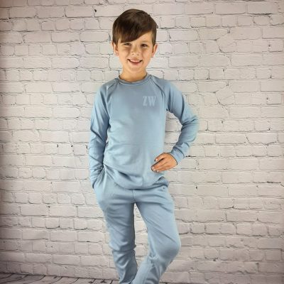 Children's loungewear childrens dusky blue 3 piece loungewear set bottoms and top with matching embroidered initials