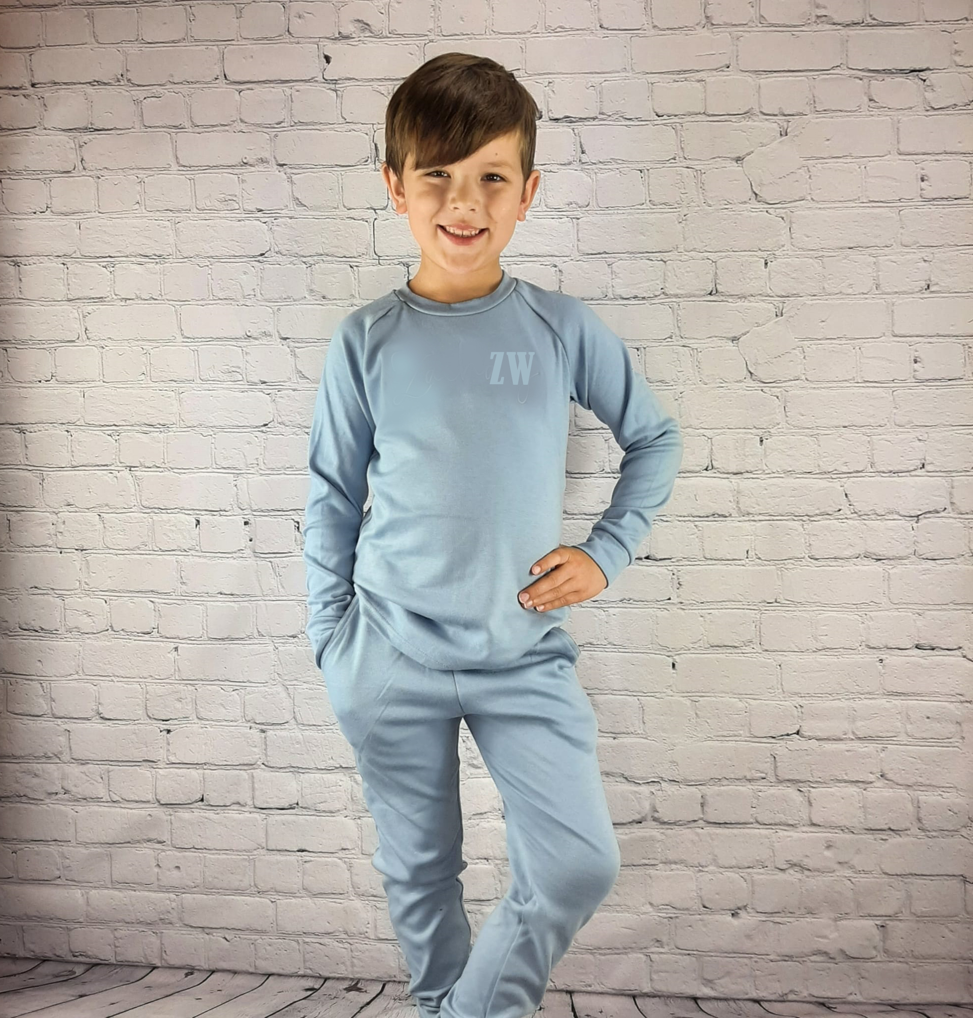 childrens dusky blue 3 piece loungewear set bottoms and top with matching embroidered initials