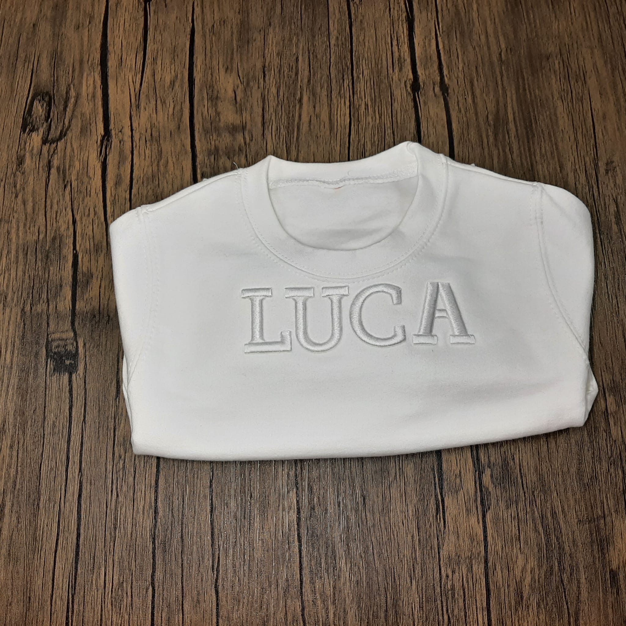 white jumper with a 3d puff embroidery personalisation 3D Name Jumper/T Shirt
