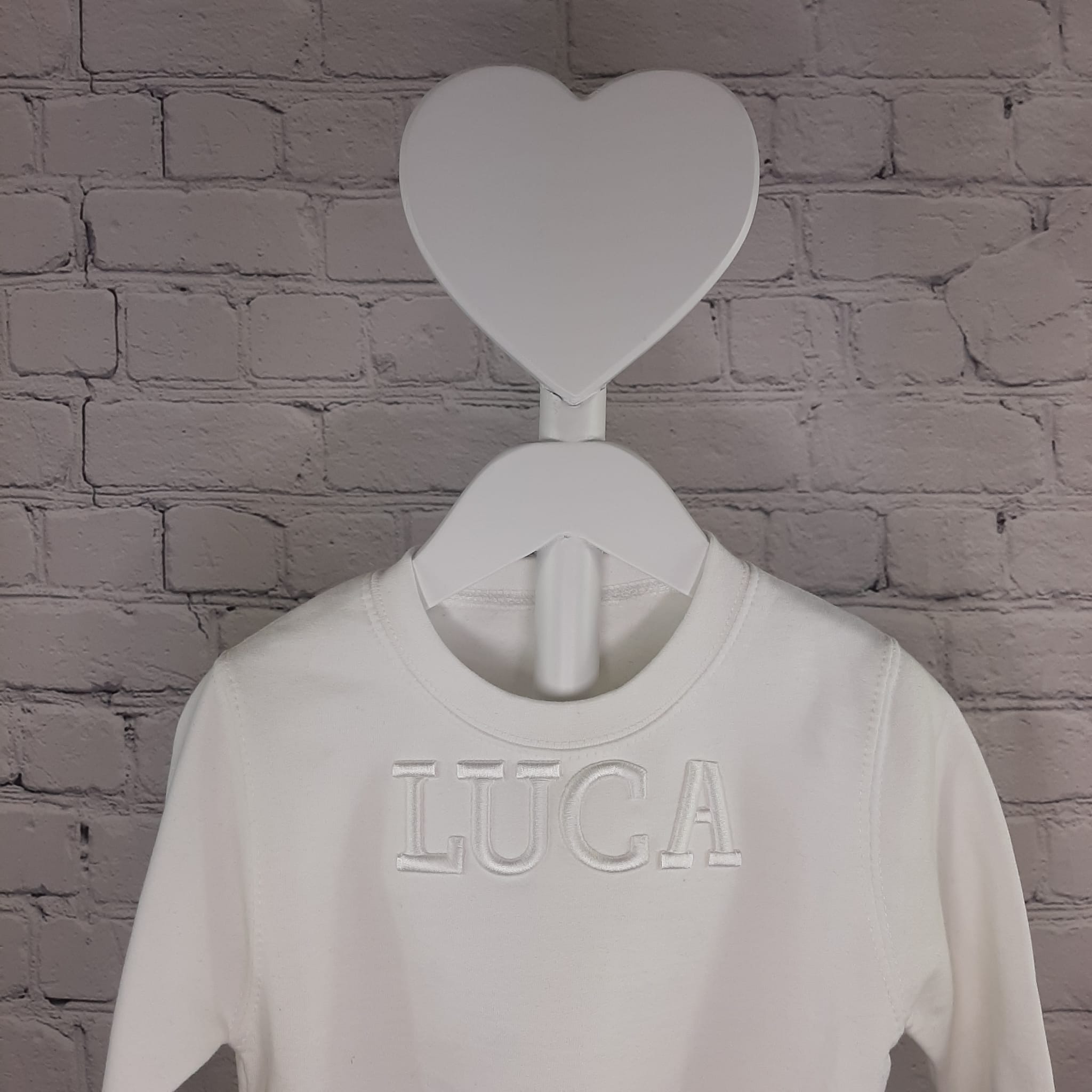white jumper with a 3d puff embroidery personalisation, zoomed 3D Name Jumper/T Shirt